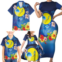 Palau Jellyfish Family Matching Short Sleeve Bodycon Dress and Hawaiian Shirt Ocean Heritage Tropical Plants LT03 - Polynesian Pride