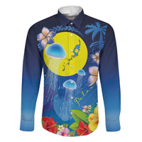 Palau Jellyfish Family Matching Tank Maxi Dress and Hawaiian Shirt Ocean Heritage Tropical Plants LT03 Dad's Shirt - Long Sleeve Blue - Polynesian Pride