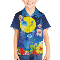 Palau Jellyfish Family Matching Tank Maxi Dress and Hawaiian Shirt Ocean Heritage Tropical Plants LT03 Son's Shirt Blue - Polynesian Pride