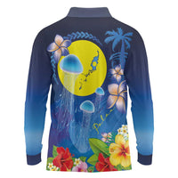 Palau Jellyfish Long Sleeve Polo Shirt Ocean Heritage Tropical Plants - Polynesian Pride
