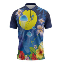 Palau Jellyfish Zipper Polo Shirt Ocean Heritage Tropical Plants - Polynesian Pride