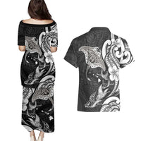 Hawaiian Manta Rays Couples Matching Puletasi and Hawaiian Shirt Tribal Hibiscus Polynesian Tattoos Black Color - Polynesian Pride