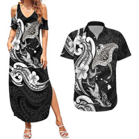 Hawaiian Manta Rays Couples Matching Summer Maxi Dress and Hawaiian Shirt Tribal Hibiscus Polynesian Tattoos Black Color LT03 Black - Polynesian Pride