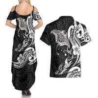 Hawaiian Manta Rays Couples Matching Summer Maxi Dress and Hawaiian Shirt Tribal Hibiscus Polynesian Tattoos Black Color - Polynesian Pride