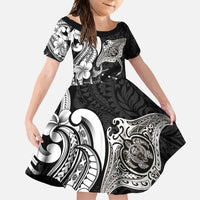 Hawaiian Manta Rays Family Matching Long Sleeve Bodycon Dress and Hawaiian Shirt Tribal Hibiscus Polynesian Tattoos Black Color LT03 Daughter's Dress Black - Polynesian Pride