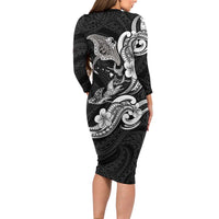 Hawaiian Manta Rays Family Matching Long Sleeve Bodycon Dress and Hawaiian Shirt Tribal Hibiscus Polynesian Tattoos Black Color LT03 - Polynesian Pride
