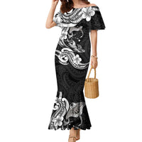 Hawaiian Manta Rays Family Matching Mermaid Dress and Hawaiian Shirt Tribal Hibiscus Polynesian Tattoos Black Color LT03 Mom's Dress Black - Polynesian Pride