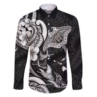 Hawaiian Manta Rays Family Matching Puletasi and Hawaiian Shirt Tribal Hibiscus Polynesian Tattoos Black Color - Polynesian Pride