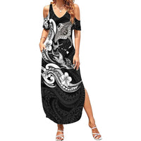 Hawaiian Manta Rays Family Matching Summer Maxi Dress and Hawaiian Shirt Tribal Hibiscus Polynesian Tattoos Black Color - Polynesian Pride