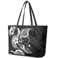 Hawaiian Manta Rays Leather Tote Bag Tribal Hibiscus Polynesian Tattoos Black Color - Polynesian Pride