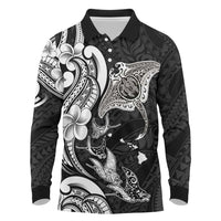 Hawaiian Manta Rays Long Sleeve Polo Shirt Tribal Hibiscus Polynesian Tattoos Black Color - Polynesian Pride