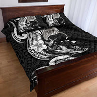 Hawaiian Manta Rays Quilt Bed Set Tribal Hibiscus Polynesian Tattoos Black Color - Polynesian Pride
