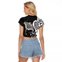 Hawaiian Manta Rays Raglan Cropped T Shirt Tribal Hibiscus Polynesian Tattoos Black Color - Polynesian Pride