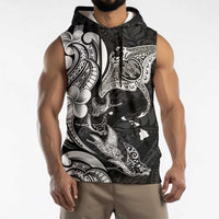 Hawaiian Manta Rays Sleeveless Hoodie Tribal Hibiscus Polynesian Tattoos Black Color - Polynesian Pride