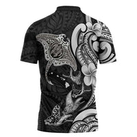 Hawaiian Manta Rays Zipper Polo Shirt Tribal Hibiscus Polynesian Tattoos Black Color - Polynesian Pride