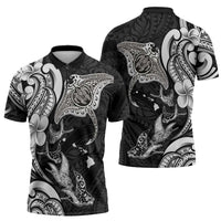 Hawaiian Manta Rays Zipper Polo Shirt Tribal Hibiscus Polynesian Tattoos Black Color - Polynesian Pride