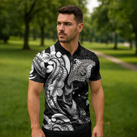 Hawaiian Manta Rays Zipper Polo Shirt Tribal Hibiscus Polynesian Tattoos Black Color - Polynesian Pride