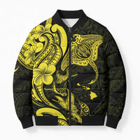 Hawaiian Manta Rays Bomber Puffer Jacket Tribal Hibiscus Polynesian Tattoos Yellow Color - Polynesian Pride