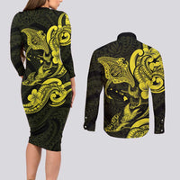 Hawaiian Manta Rays Couples Matching Long Sleeve Bodycon Dress and Long Sleeve Button Shirt Tribal Hibiscus Polynesian Tattoos Yellow Color - Polynesian Pride