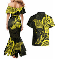 Hawaiian Manta Rays Couples Matching Mermaid Dress and Hawaiian Shirt Tribal Hibiscus Polynesian Tattoos Yellow Color - Polynesian Pride