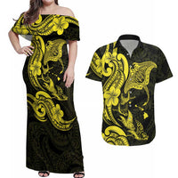 Hawaiian Manta Rays Couples Matching Off Shoulder Maxi Dress and Hawaiian Shirt Tribal Hibiscus Polynesian Tattoos Yellow Color LT03 Yellow - Polynesian Pride