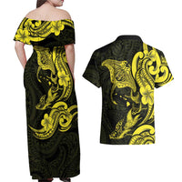 Hawaiian Manta Rays Couples Matching Off Shoulder Maxi Dress and Hawaiian Shirt Tribal Hibiscus Polynesian Tattoos Yellow Color LT03 - Polynesian Pride