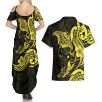 Hawaiian Manta Rays Couples Matching Summer Maxi Dress and Hawaiian Shirt Tribal Hibiscus Polynesian Tattoos Yellow Color - Polynesian Pride
