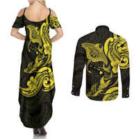 Hawaiian Manta Rays Couples Matching Summer Maxi Dress and Long Sleeve Button Shirt Tribal Hibiscus Polynesian Tattoos Yellow Color LT03 - Polynesian Pride