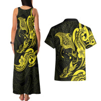 Hawaiian Manta Rays Couples Matching Tank Maxi Dress and Hawaiian Shirt Tribal Hibiscus Polynesian Tattoos Yellow Color - Polynesian Pride