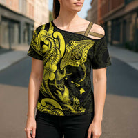 Hawaiian Manta Rays Cross Shoulder Shirt Tribal Hibiscus Polynesian Tattoos Yellow Color - Polynesian Pride