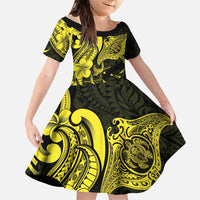 Hawaiian Manta Rays Family Matching Long Sleeve Bodycon Dress and Hawaiian Shirt Tribal Hibiscus Polynesian Tattoos Yellow Color LT03 Daughter's Dress Yellow - Polynesian Pride