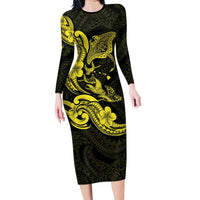 Hawaiian Manta Rays Family Matching Long Sleeve Bodycon Dress and Hawaiian Shirt Tribal Hibiscus Polynesian Tattoos Yellow Color LT03 Mom's Dress Yellow - Polynesian Pride