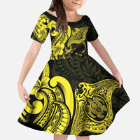 Hawaiian Manta Rays Family Matching Mermaid Dress and Hawaiian Shirt Tribal Hibiscus Polynesian Tattoos Yellow Color - Polynesian Pride