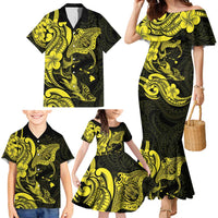 Hawaiian Manta Rays Family Matching Mermaid Dress and Hawaiian Shirt Tribal Hibiscus Polynesian Tattoos Yellow Color - Polynesian Pride