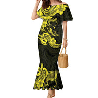 Hawaiian Manta Rays Family Matching Mermaid Dress and Hawaiian Shirt Tribal Hibiscus Polynesian Tattoos Yellow Color - Polynesian Pride