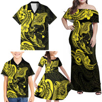 Hawaiian Manta Rays Family Matching Off Shoulder Maxi Dress and Hawaiian Shirt Tribal Hibiscus Polynesian Tattoos Yellow Color LT03 - Polynesian Pride