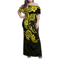 Hawaiian Manta Rays Family Matching Off Shoulder Maxi Dress and Hawaiian Shirt Tribal Hibiscus Polynesian Tattoos Yellow Color LT03 Mom's Dress Yellow - Polynesian Pride