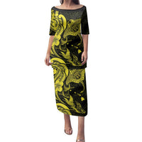 Hawaiian Manta Rays Family Matching Puletasi and Hawaiian Shirt Tribal Hibiscus Polynesian Tattoos Yellow Color LT03 Mom's Dress Yellow - Polynesian Pride