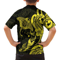 Hawaiian Manta Rays Family Matching Short Sleeve Bodycon Dress and Hawaiian Shirt Tribal Hibiscus Polynesian Tattoos Yellow Color LT03 - Polynesian Pride