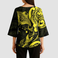Hawaiian Manta Rays Kimono Sleeve Blouse Tribal Hibiscus Polynesian Tattoos Yellow Color - Polynesian Pride