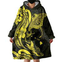 Hawaiian Manta Rays Wearable Blanket Hoodie Tribal Hibiscus Polynesian Tattoos Yellow Color - Polynesian Pride