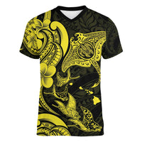 Hawaiian Manta Rays Women V-Neck T-Shirt Tribal Hibiscus Polynesian Tattoos Yellow Color LT03 Female Yellow - Polynesian Pride