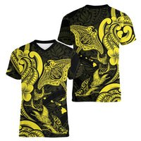 Hawaiian Manta Rays Women V-Neck T-Shirt Tribal Hibiscus Polynesian Tattoos Yellow Color LT03 - Polynesian Pride