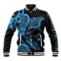 Hawaiian Manta Rays Baseball Jacket Tribal Hibiscus Polynesian Tattoos Blue Color - Polynesian Pride