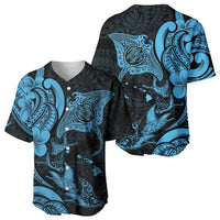 Hawaiian Manta Rays Baseball Jersey Tribal Hibiscus Polynesian Tattoos Blue Color - Polynesian Pride