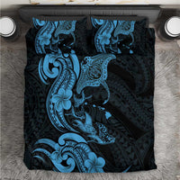 Hawaiian Manta Rays Bedding Set Tribal Hibiscus Polynesian Tattoos Blue Color - Polynesian Pride