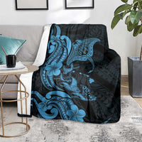 Hawaiian Manta Rays Blanket Tribal Hibiscus Polynesian Tattoos Blue Color - Polynesian Pride