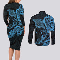 Hawaiian Manta Rays Couples Matching Long Sleeve Bodycon Dress and Long Sleeve Button Shirt Tribal Hibiscus Polynesian Tattoos Blue Color - Polynesian Pride