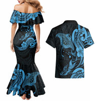 Hawaiian Manta Rays Couples Matching Mermaid Dress and Hawaiian Shirt Tribal Hibiscus Polynesian Tattoos Blue Color LT03 - Polynesian Pride