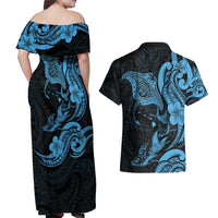 Hawaiian Manta Rays Couples Matching Off Shoulder Maxi Dress and Hawaiian Shirt Tribal Hibiscus Polynesian Tattoos Blue Color LT03 - Polynesian Pride